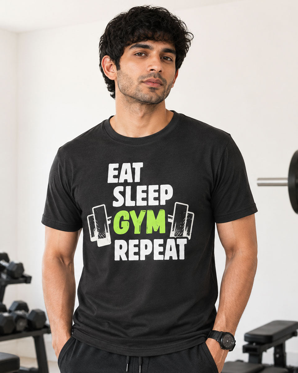 EAT SLEEP GYM REPEAT Graphic Tee for Men | 100% Cotton